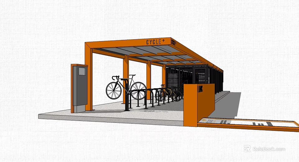 Cycle Plus Bicycle Parking Facility With Orange Canopy And Bike Racks 3d model 