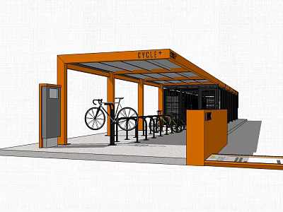 Cycle Plus Bicycle Parking Facility With Orange Canopy And Bike Racks 3d model