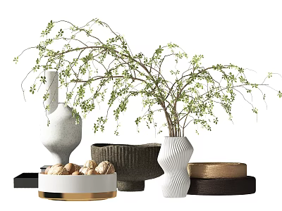 Stylish Flower Vases with Green Foliage Twigs White Ribbed Vase and Walnuts on Gold Tray 3d model