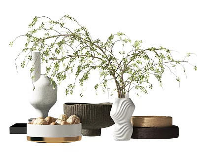 Stylish Flower Vases with Green Foliage Twigs White Ribbed Vase and Walnuts on Gold Tray 3d model