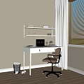 Minimalist White Desk With Laptop Books Potted Plant Above Shelf And Brown Chair By Window