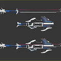 Sci Fi Mechanical Weapons with Blue Pink White Accents and Detailed Structure