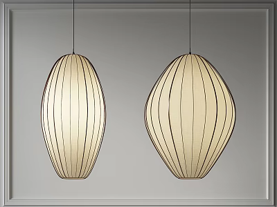 Two Modern Oval Striped Beige Pendant Lights Hanging On Gray Wall With Frame 3d model