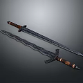 Brave Warrior And Fierce Creature Holding Intricate Swords With Brown Metal Hilts