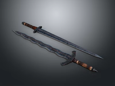 Brave Warrior And Fierce Creature Holding Intricate Swords With Brown Metal Hilts 3d model