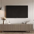 Modern Wooden TV Stand In Living Room With Mounted TV Decorative Vase And Ornaments