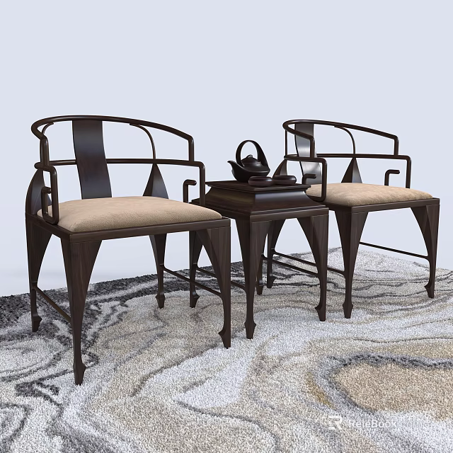 Leisure Chairs With Wooden Frame And Beige Cushions And Side Table With Teapot On Rug 3d model 