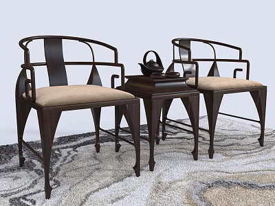 Leisure Chairs With Wooden Frame And Beige Cushions And Side Table With Teapot On Rug 3d model