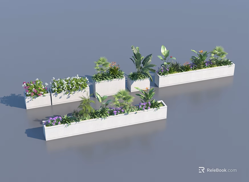 Outdoor Plant Combination In Rectangular Planters With Various Green Plants And Colorful Flowers 3d model 