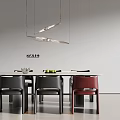 Modern Round Dining Table and Chair Set with Black Red Chairs and Hanging Pendant Light