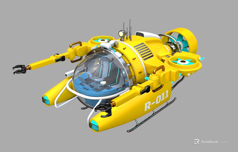Yellow Deep Sea Submersible R011 With Transparent Cockpit And Mechanical Arms 3d model 