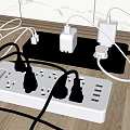 Power Strips With Multiple Cables On Wooden Floor And Marble Wall Background
