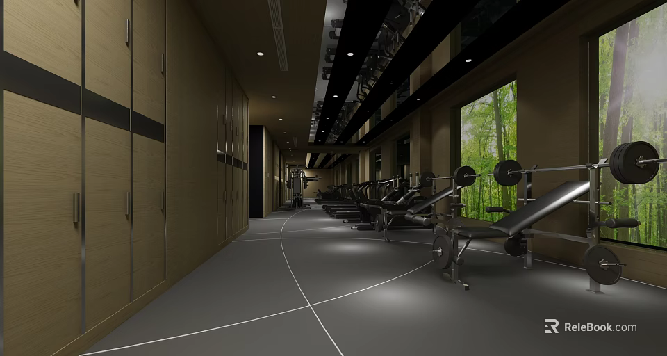 Contemporary Fitness Gym Interior With Workout Equipment Floor Lines And Natural Light Windows 3d model 