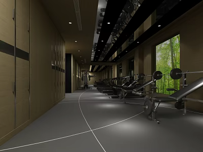 Contemporary Fitness Gym Interior With Workout Equipment Floor Lines And Natural Light Windows 3d model