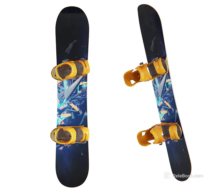 Stylish Pair of Snowboards with Yellow Bindings Dark Blue Base and Colorful Patterns 3d model 