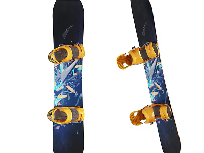 Stylish Pair of Snowboards with Yellow Bindings Dark Blue Base and Colorful Patterns 3d model