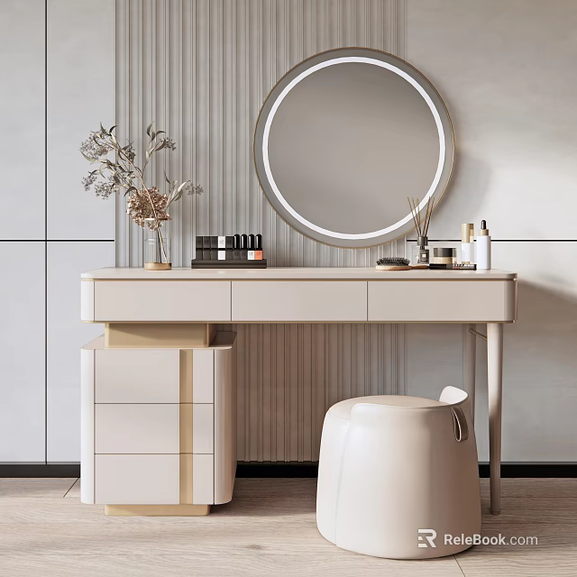 Elegant Modern Dressing Table With Round Mirror Drawers Stool And Decorative Plants 3d model 