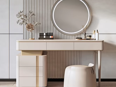 Elegant Modern Dressing Table With Round Mirror Drawers Stool And Decorative Plants 3d model