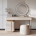 Elegant Modern Dressing Table With Round Mirror Drawers Stool And Decorative Plants 3d model