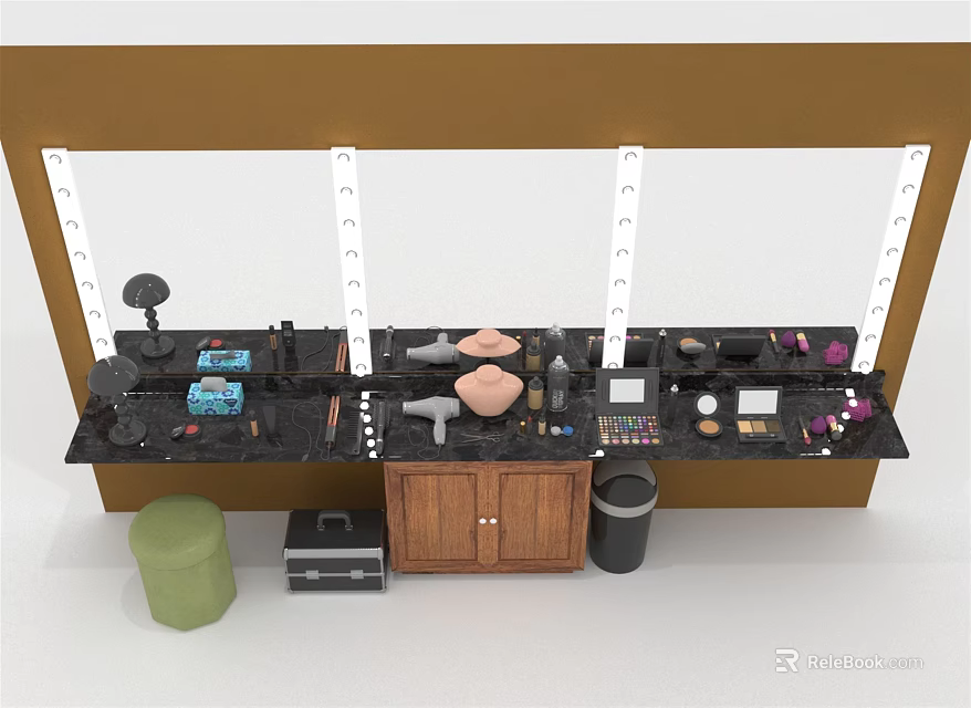 Modern Dressing Table With Wooden Cabinets Mirror And Makeup Accessories Design 3d model 