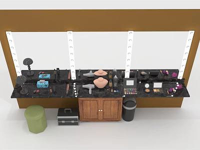 Modern Dressing Table With Wooden Cabinets Mirror And Makeup Accessories Design 3d model