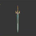 Ornate Decorative Sword with Red Blade and Golden Hilt Design Displayed on Gray Background