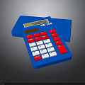 Blue Desktop Calculator With Red And White Keys And Digital Display Screen