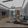 Modern Living and Dining Room Interior With Wooden Dining Table Chairs Pendant Light And Cabinets