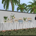 Assorted Food Display On White Tablecloth Long Table With Palm Trees Decorations And Greenery 3d model
