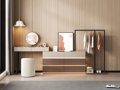 Modern Dressing Table With Hanging Mirror Stool Wooden Wall And Clothes Rack 3d model