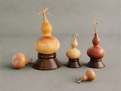 Gourd Shaped Decorative Ornament Set With Wooden Base And Various Sizes 3d model