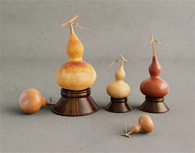 Gourd Shaped Decorative Ornament Set With Wooden Base And Various Sizes 3d model