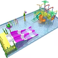 Water Park Play Equipment With Pink Slides Colorful Climbing Frames Palm Trees And Shallow Pool