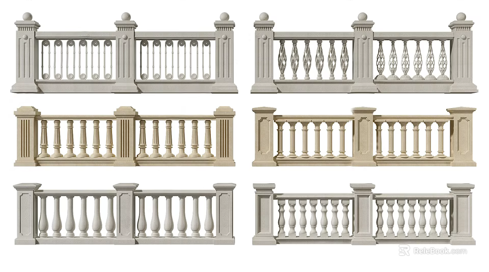 Various Classic Decorative Fence Designs With Stone Balusters And Ornate Posts 3d model 