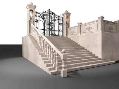 Grand Entrance Gate Featuring Wrought Iron Design Stone Steps Carved Railings And Decorative Lamp Posts 3d model