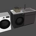 Modern Laundry Room With White And Black Washing Machines Sink Cabinet And Laundry Basket