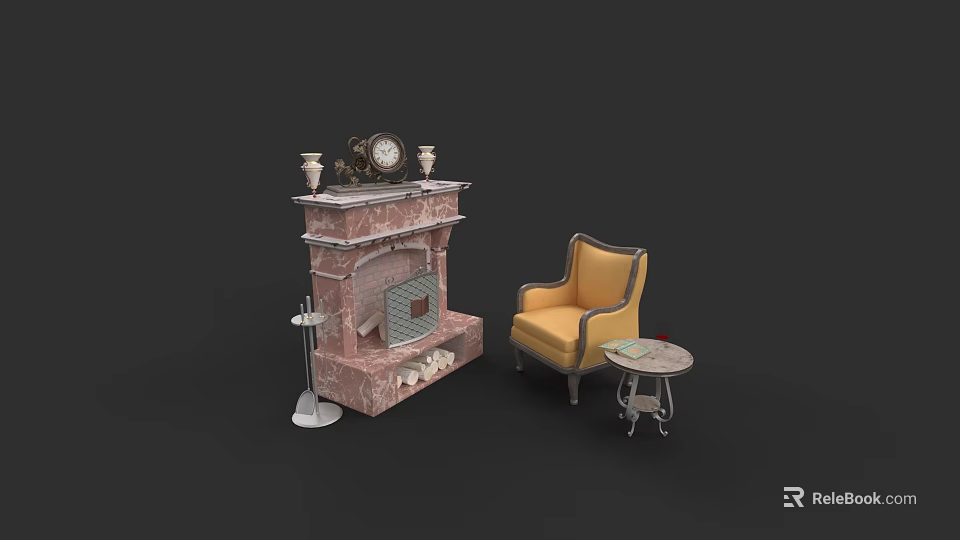 Elegant Marble Fireplace With Clock Candle Holders Yellow Armchair Side Table And Floor Lamp 3d model 