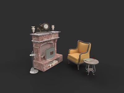 Elegant Marble Fireplace With Clock Candle Holders Yellow Armchair Side Table And Floor Lamp 3d model