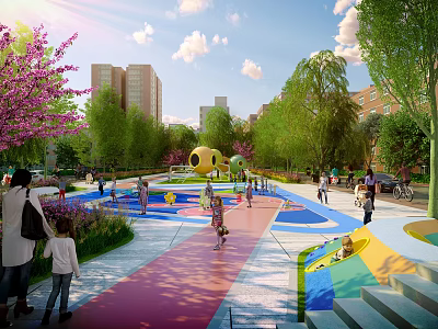 Park Landscape Featuring Children's Playground Colorful Paths Flowering Trees Buildings and People Playing 3d model