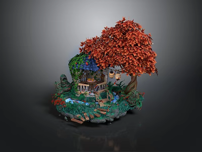 Miniature Garden Scene With Red Leaf Tree Wooden Cabin Small Pond And Green Plants 3d model