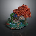 Miniature Garden Scene With Red Leaf Tree Wooden Cabin Small Pond And Green Plants