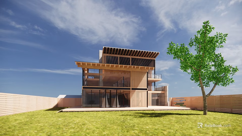 Modern Wooden Boutique Hotel Building Featuring Large Glass Windows Terrace Green Lawn And Tree 3d model 
