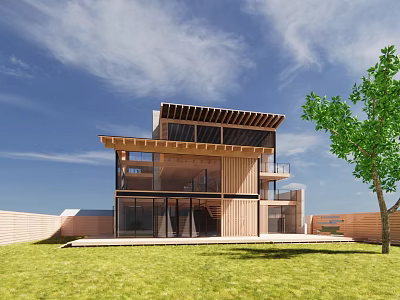 Modern Wooden Boutique Hotel Building Featuring Large Glass Windows Terrace Green Lawn And Tree 3d model