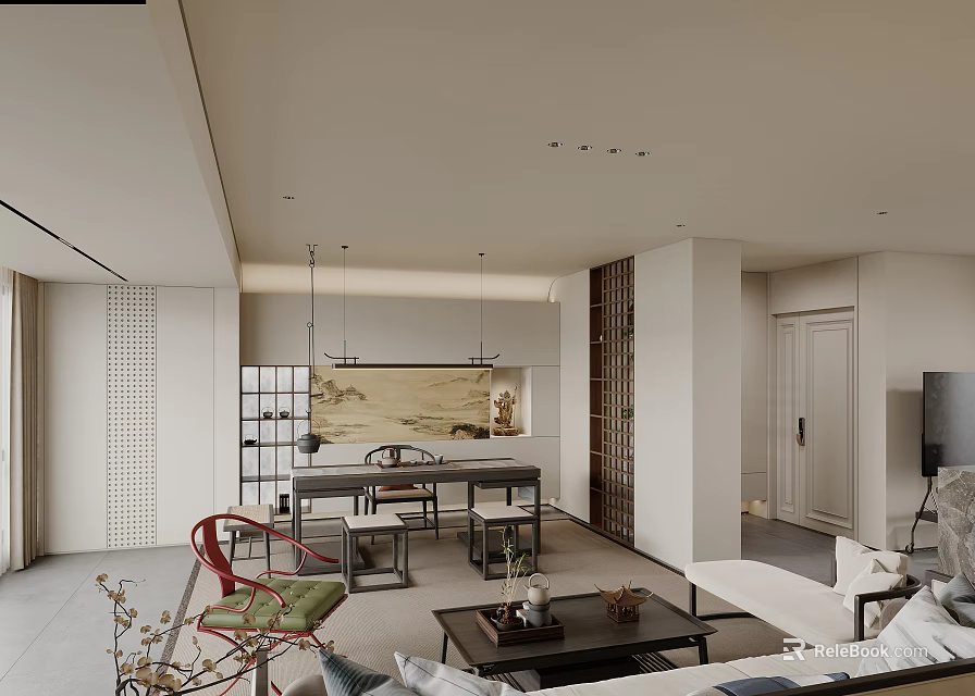 Modern Living and Dining Room Interior With Open Layout Dining Table Sofa And Coffee Table 3d model