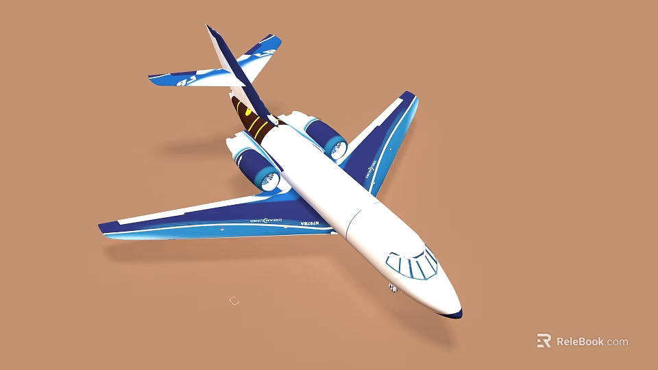 White And Blue Airplane Model With Detailed Wings Tail And Engines On Brown Background 3d model 