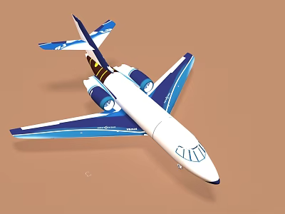 White And Blue Airplane Model With Detailed Wings Tail And Engines On Brown Background 3d model