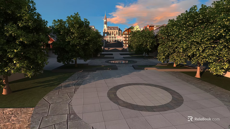 Residential Building Complex With Plaza Trees Circular Paved Ground And Sunset Sky 3d model 