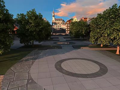 Residential Building Complex With Plaza Trees Circular Paved Ground And Sunset Sky 3d model