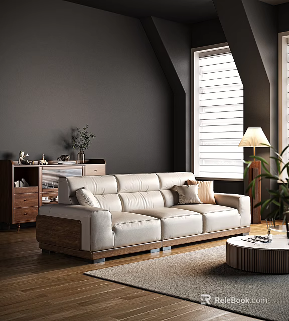 Modern Living Room Interior Design With White Leather Sofa White Shutters And Wooden Cabinet 3d model 