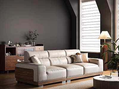 Modern Living Room Interior Design With White Leather Sofa White Shutters And Wooden Cabinet 3d model